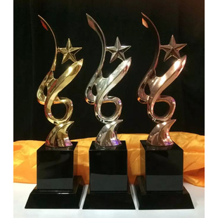 高档金属奖杯定制 免费刻字 现货定做 金属弯星 黑水晶奖杯奖座