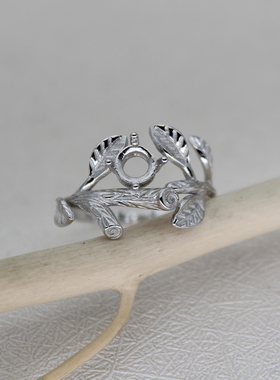 纯银树枝植物戒指空托