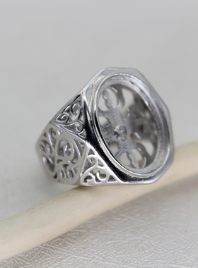 纯银云纹男士戒指空托