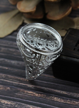 纯银六字真言男士戒指空托