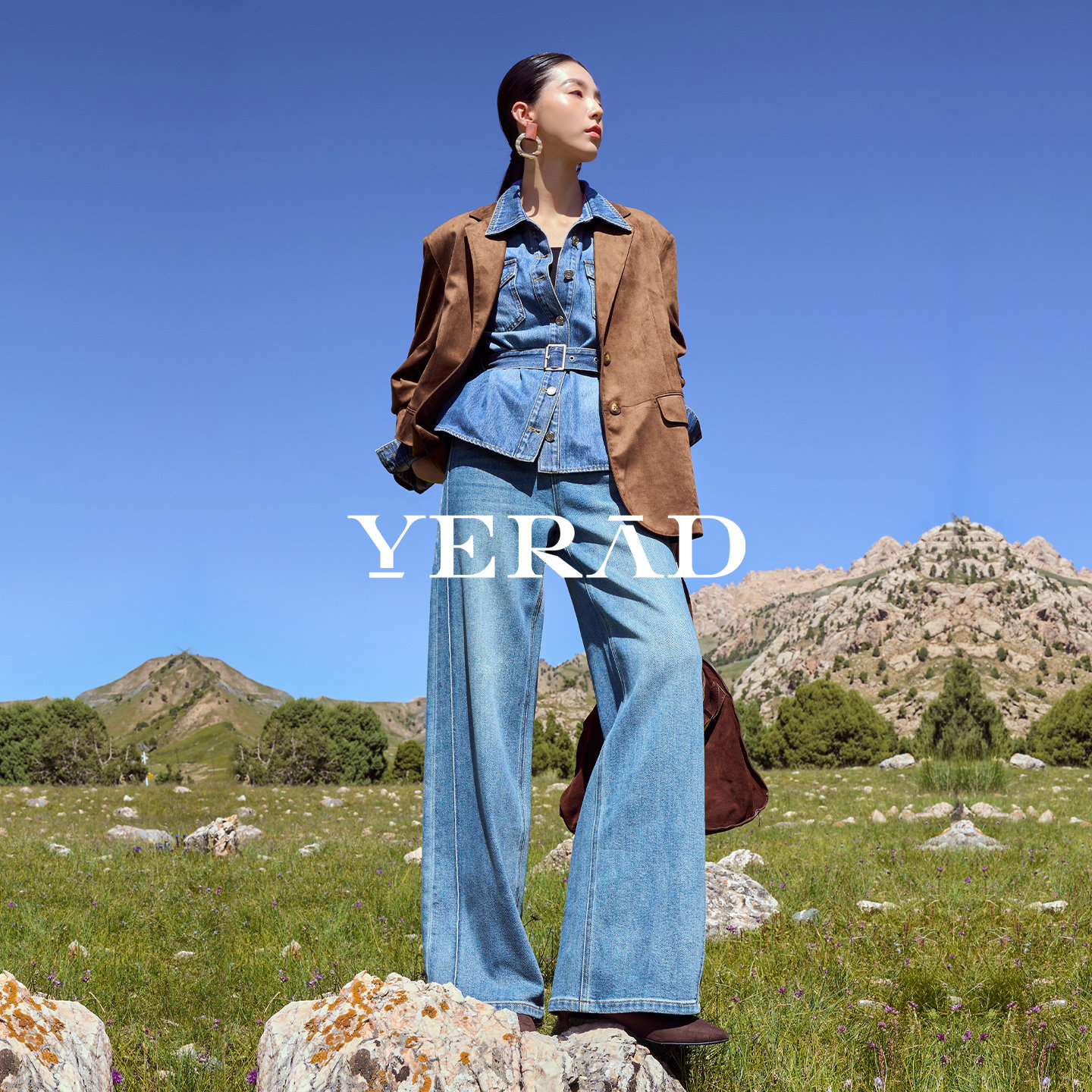 Yerad/娅丽达高腰阔腿牛仔裤女秋新款女裤大码拖地裤宽松直筒裤子