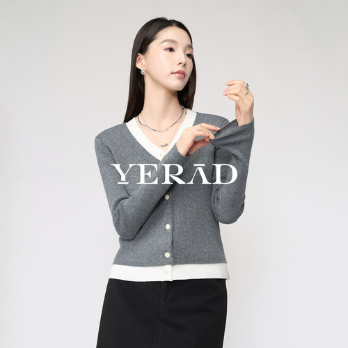 娅丽达v领假两件黑色针织衫女