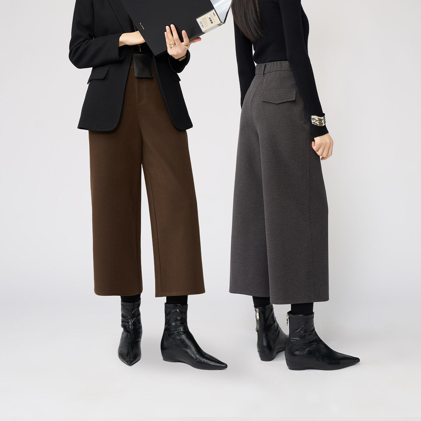 娅丽达羊毛阔腿裤女冬款休闲裤子2025新款慵懒风宽松显瘦黑色女裤