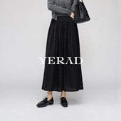 新款 娅丽达法式 含亚麻压褶黑色a字半身裙女2026春季 休闲出游长裙