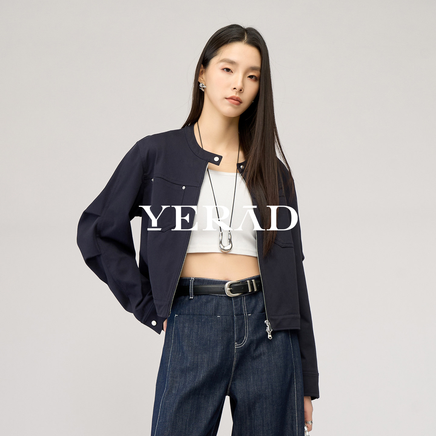 娅丽达宽松休闲立领夹克外套女2026春季新款藏蓝小个子短款上衣