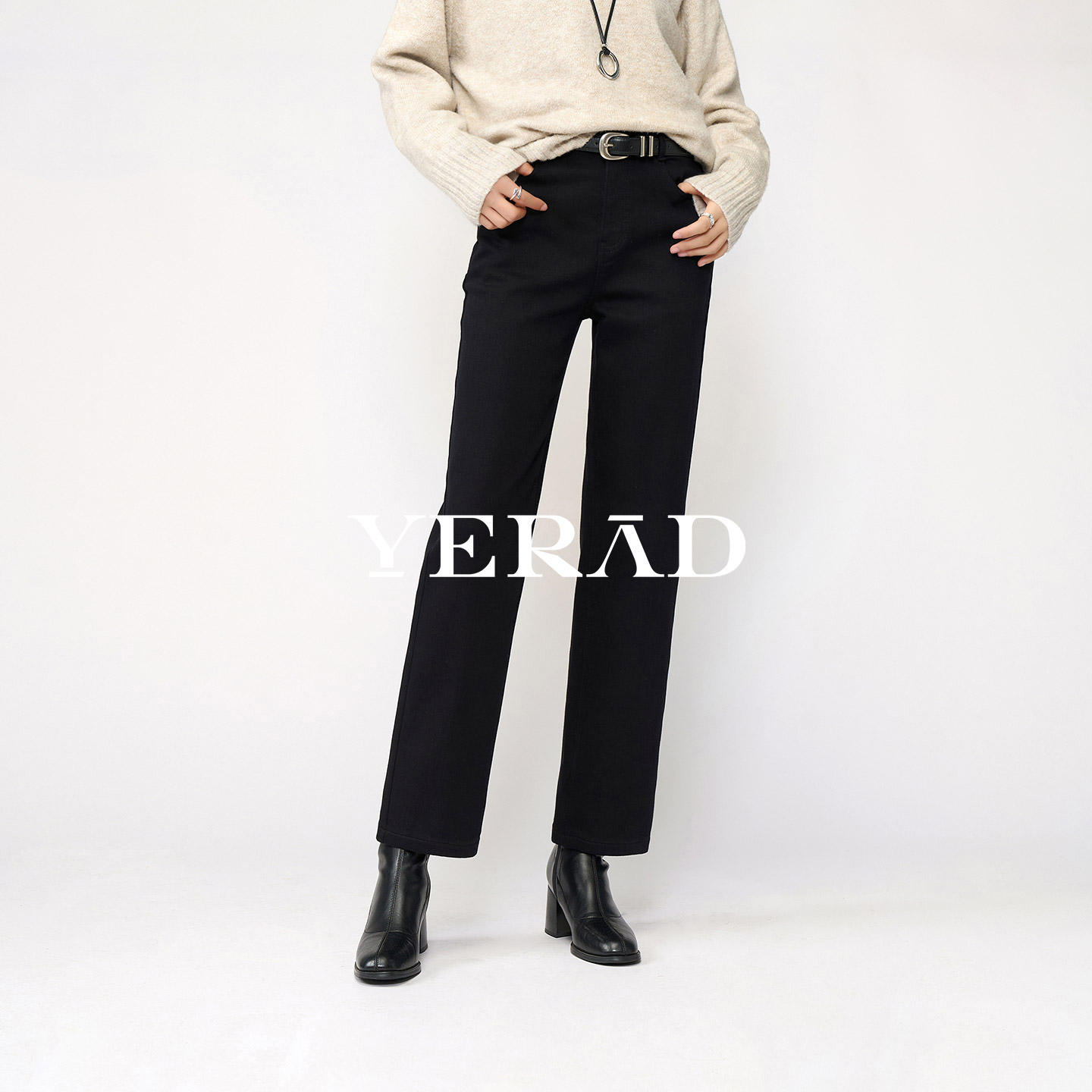 娅丽达黑金糯米加绒锁色直筒牛仔裤女2025冬季新款黑色大码烟管裤