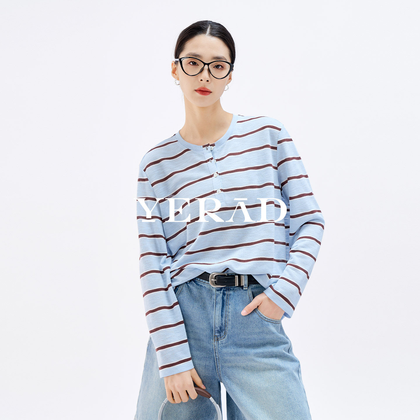 【氧气条纹罩衫】娅丽达宽松长袖针织T恤女夏季新款圆领休闲上衣