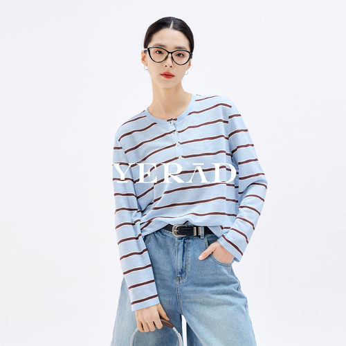 娅丽达撞色宽松长袖条纹T恤女
