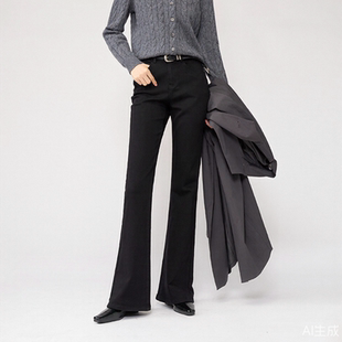 娅丽达加绒微喇牛仔裤女2025冬季新款高弹力修身显瘦黑色喇叭女裤