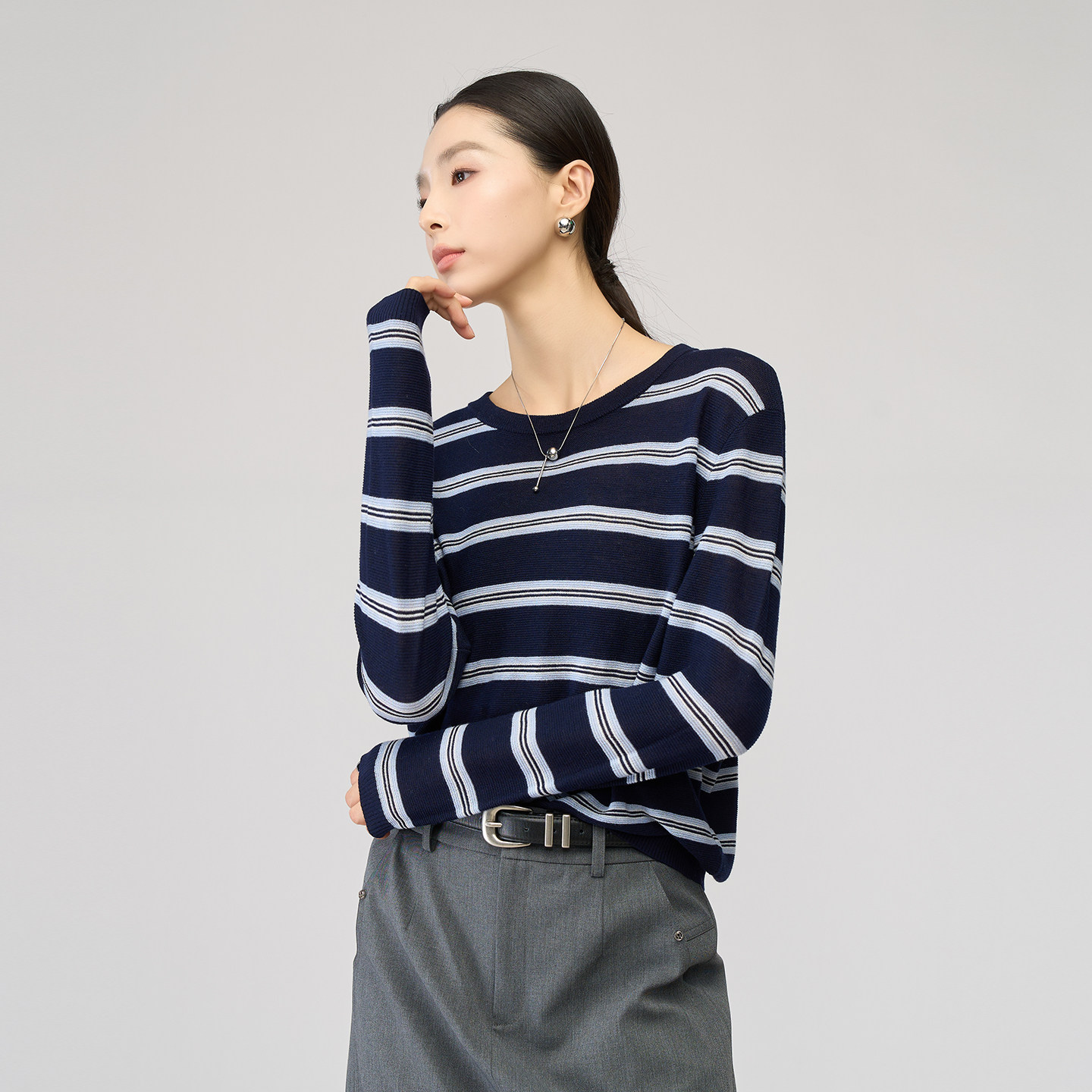 娅丽达慵懒风宽松圆领条纹针织衫女2026春季打底衫软糯内搭羊毛衫,女装/女士精品,大码内搭,淘宝优惠券,粉丝福利购,淘宝优惠卷
