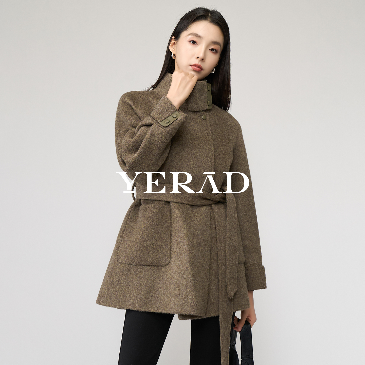 娅丽达立领骆驼绒双面呢大衣女