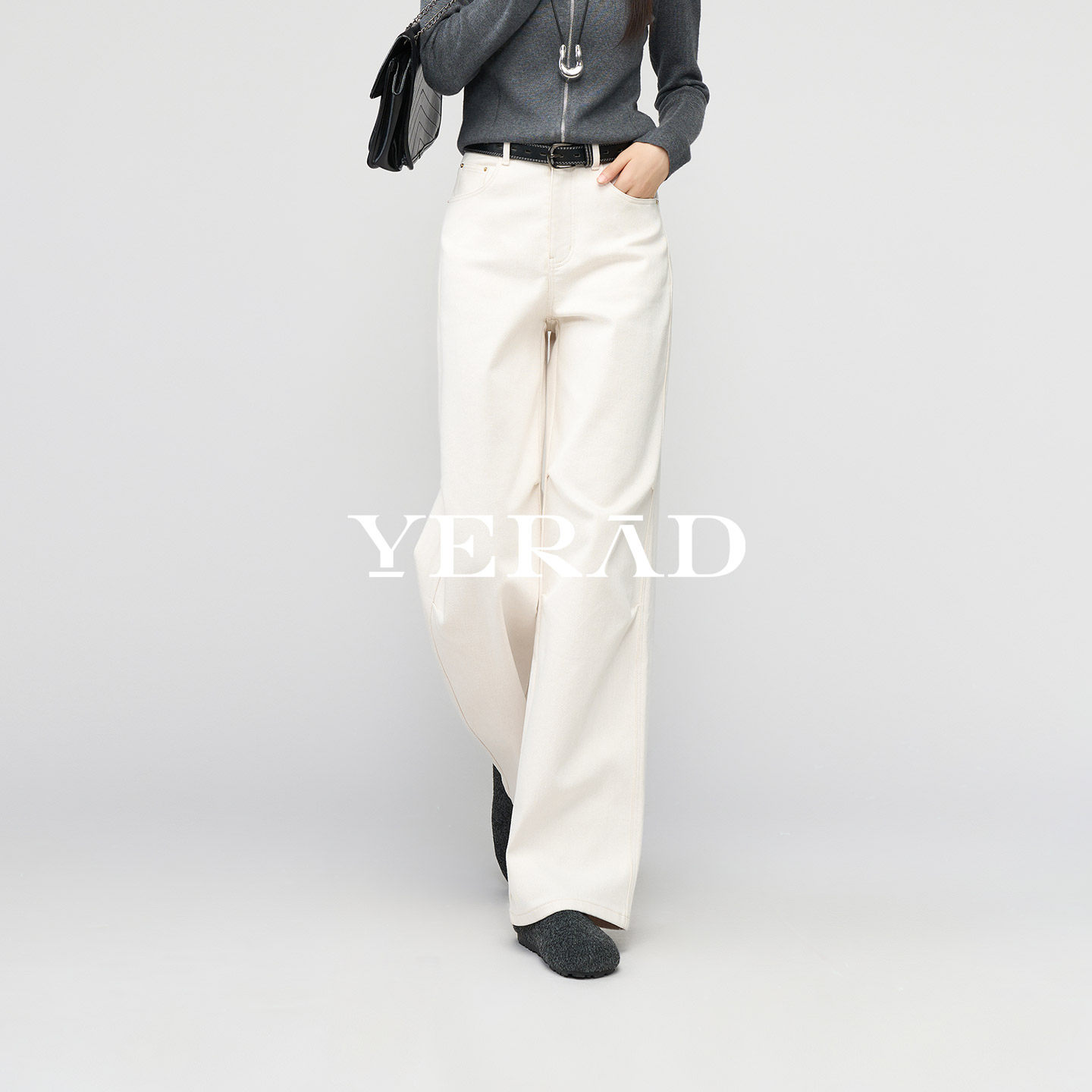 锁色雪绒娅丽达加绒阔腿牛仔裤女2025新款休闲米白加长冬季直筒裤