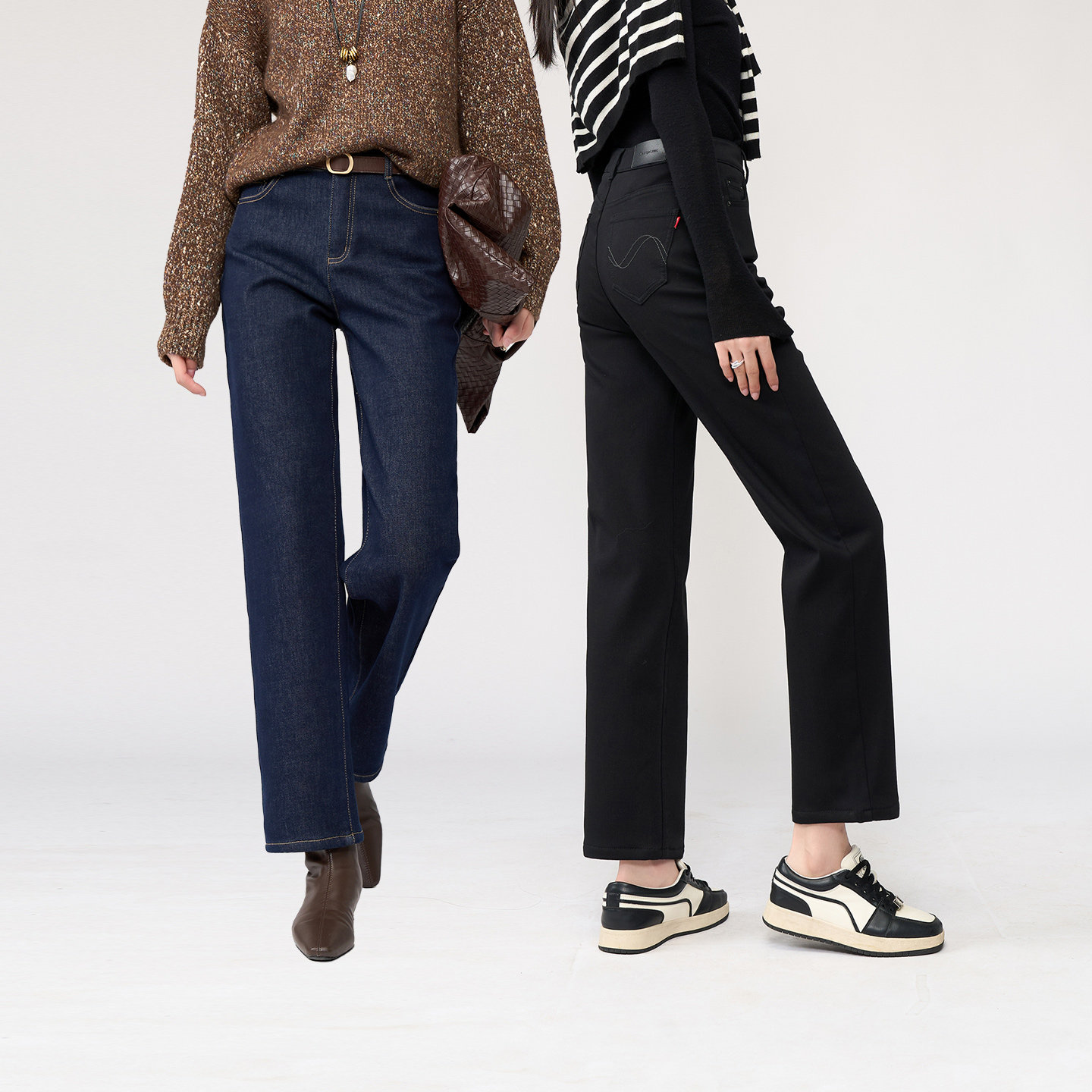 娅丽达加厚加绒直筒牛仔裤女冬