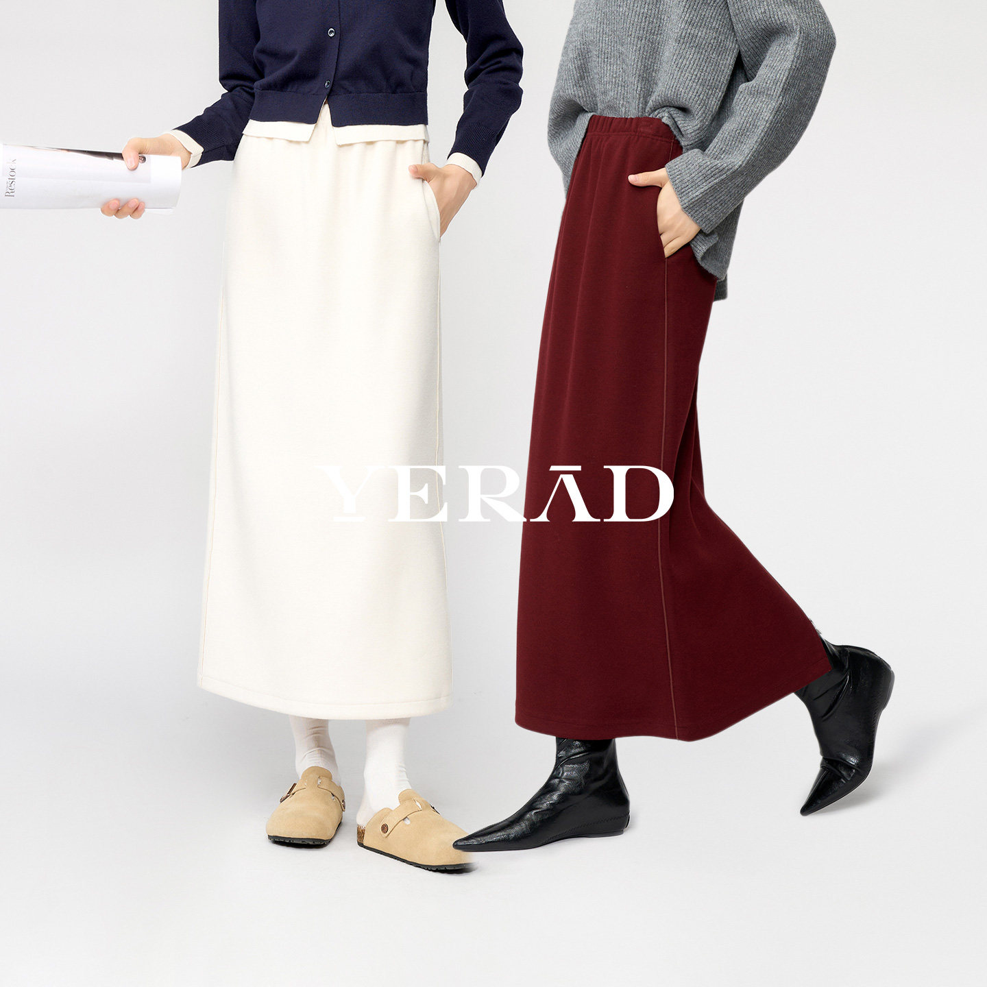 娅丽达裙子冬休闲气质山羊绒白色半身裙女2025秋冬新款松紧腰长裙