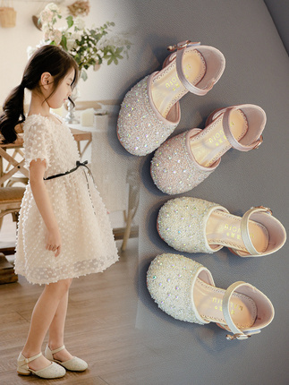 Girls' Semi-Sandals 2026 Summer New Style Little Girl Rhinestone Princess Shoes Kidsren's Soft-Soled High-Heeled Catwalk Performance Shoes