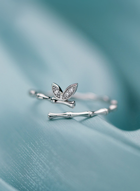 925纯银简约百搭镶钻小树叶开口