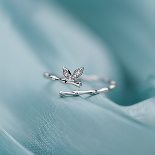 925纯银简约百搭小清新小树叶小蝴蝶镶钻开口调节戒指尾戒女配饰