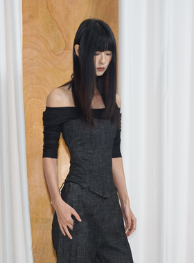 AXIS OF 复古蓝色水洗修身抹胸女夏季无袖气质黑色鱼骨胸衣马甲