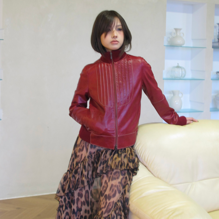 AXISOF复古红色真皮时尚皮衣