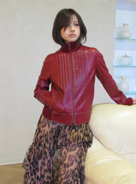 AXIS OF 新品 复古红色真皮时尚皮衣外套女 秋正肩黑色皮夹克