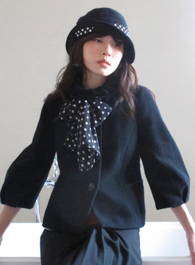 AXIS OF新品原创黑色中袖短款毛呢外套女时尚羊毛呢子上衣百搭