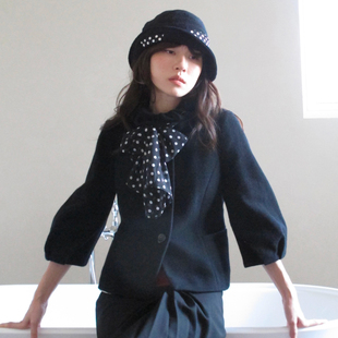 AXIS OF新品原创黑色中袖短款毛呢外套女时尚羊毛呢子上衣百搭