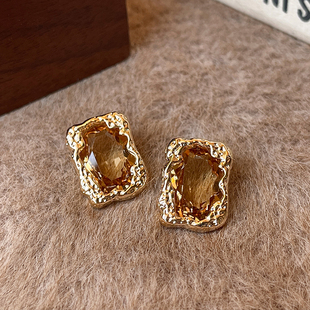 美拉德锆石方形耳钉复古秋冬高级感耳环女轻奢气质百搭精致耳饰品