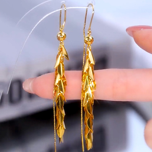 金色长款树叶流苏耳线轻奢高级感复古耳环女精致百搭气质小众耳饰