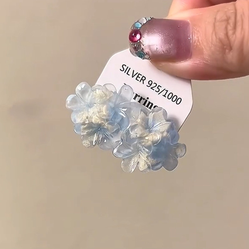 夏日冰透蓝色花朵耳钉多巴胺度假风气质耳环女小众温柔绝美耳饰品
