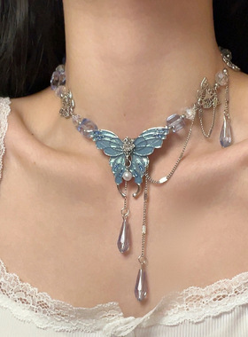 重工蓝色水晶蝴蝶项链女辣妹高级感百搭锁骨链气质绝美冷淡风颈链