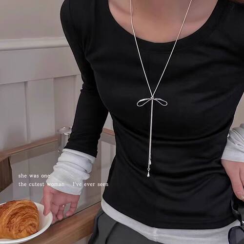 简约蝴蝶结流苏吊坠项链女长款高级感百搭毛衣链夏日小众挂脖配饰