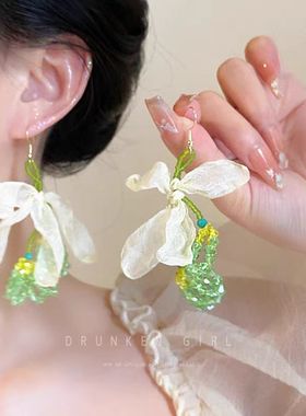 绿色清新串珠花朵耳钉长款海边度假风夏日耳环女夸张个性时尚耳饰