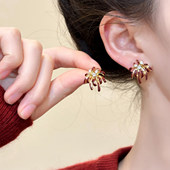 酒红色滴釉锆石烟花耳钉超仙绝美温柔耳环女气质新年漂亮百搭耳饰