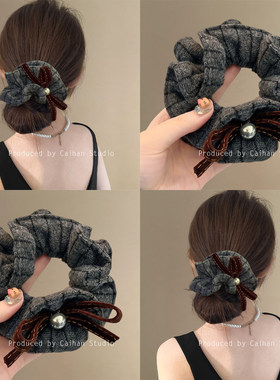 复古毛绒针织灰色蝴蝶结大肠发圈女双层慵懒风扎发头绳高弹力皮筋