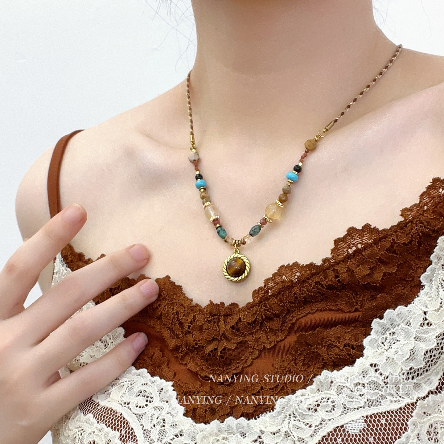 民族风复古虎眼石吊坠项链女新中式高级感长款毛衣链小众轻奢配饰