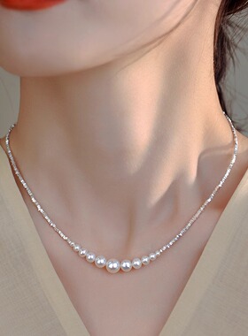 渐变大小碎银珍珠项链女冷淡风轻奢高级感锁骨链气质百搭颈链配饰