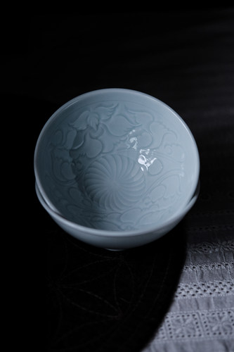 无人问津 全手工 中式半刀泥刻绘 影青 卷草缠枝纹 斗笠饭碗 食碗
