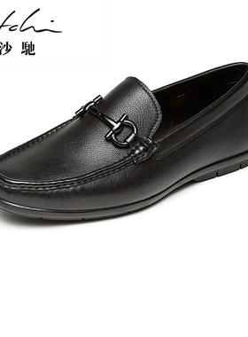 沙驰男旗舰店真皮正品舒适套脚百搭一脚蹬透气商务休闲皮鞋软底