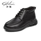 沙驰男鞋 高帮软皮爆米花 冬加绒休闲男式 男靴真皮正品 高档品牌棉鞋