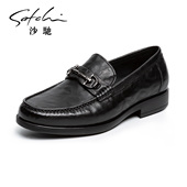 男士 皮鞋 商务工作正装 沙驰男鞋 一脚蹬软底透气真牛皮通勤乐福鞋