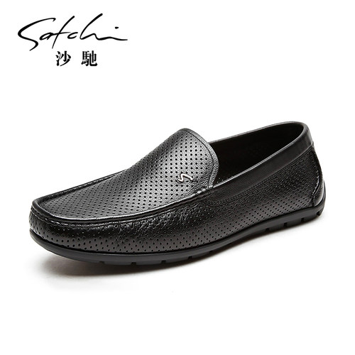 沙驰男士皮鞋真皮镂空豆豆乐福鞋