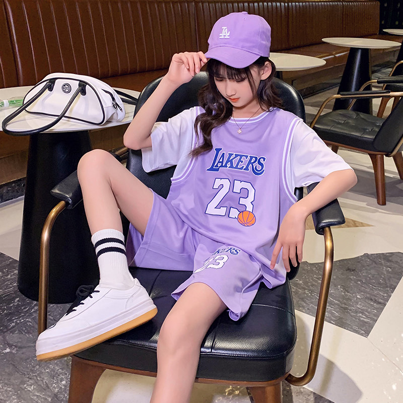 女童篮球服套装夏季儿童速干透气假两件23号詹姆斯球衣女生训练服