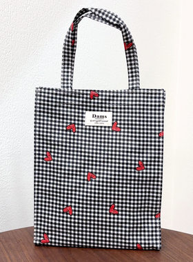 韩国进口DAMS简约清新格纹小爱心防水便当饭盒手提包手提袋妈咪包