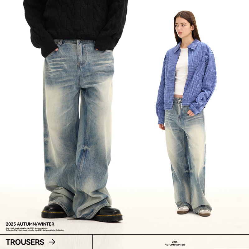 牛王A字型水洗蓝直筒牛仔裤