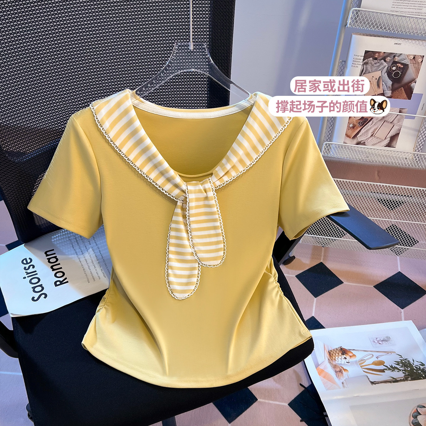 实拍学院风黄色海军领条纹领带短袖T恤女夏季2026miu系正肩短上衣