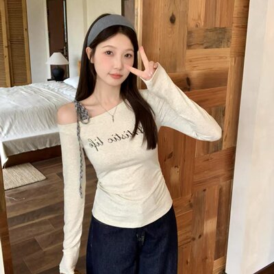 实拍大码斜肩格子绑带内搭T恤女秋字母印花新款长袖上衣