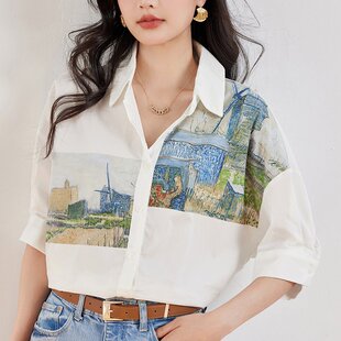 实拍有2026夏季 白色定位印花衬衫 女设计感短袖 上衣 新款