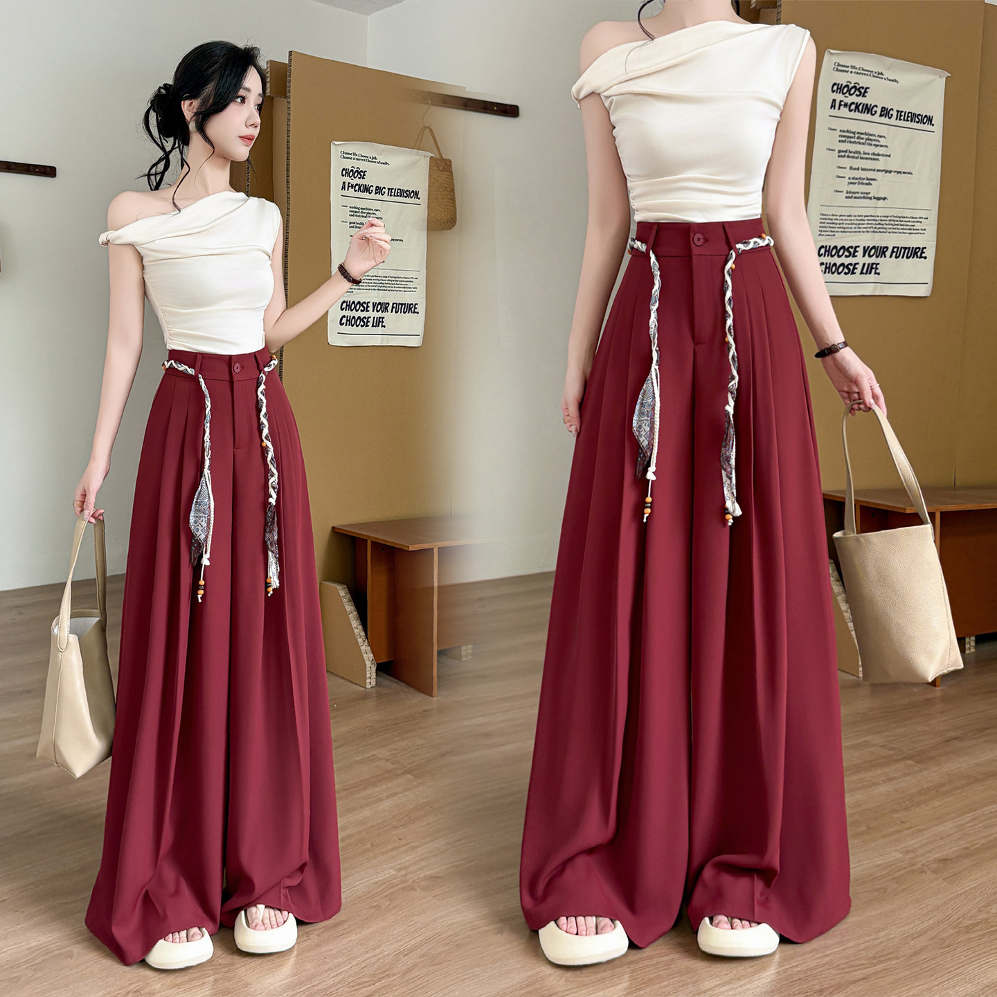 实拍夏季新款西装阔腿宽松直筒设计感腰带高腰垂坠感百搭拖地长裤