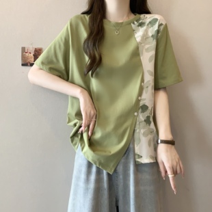 实拍 国风提花拼接设计款 下摆不规则显瘦短袖 T恤 胖妹妹2026夏新款