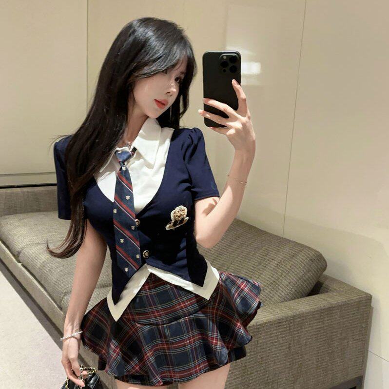 实拍实价 学院风网红套装女辣妹修身假两件t恤上衣高腰格子蓬蓬裙